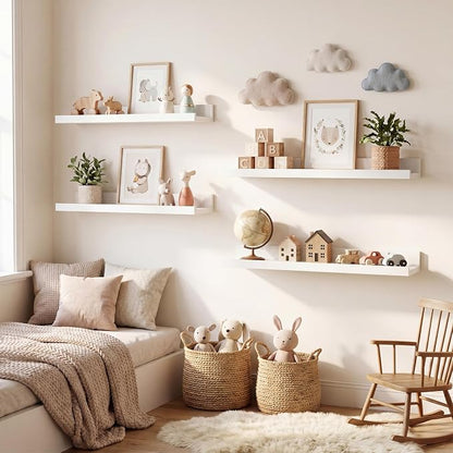 Axeman Picture Ledge Shelf | 20 Inch Floating Shelves Set of 4 | White Wall Shelves with Lip | White Picture Shelf for Wall with Ledge | Wood Photo Ledges for Living Room Bedroom
