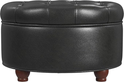 HomePop 25" Button Tufted Round Storage Ottoman - Black Faux Leather