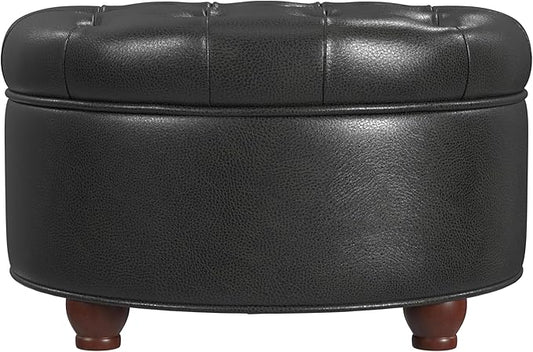 HomePop 25" Button Tufted Round Storage Ottoman - Black Faux Leather