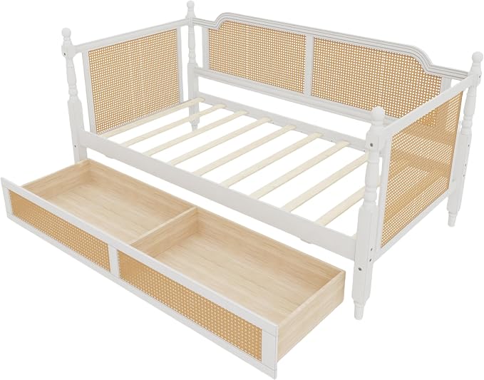 Merax Twin Size Rattan Bed Frame with 2 Storage Drawers, Wood Bedframe Daybed for Bedroom, Guest Room, Limited Spac, No Box Spring Needed, Antique White