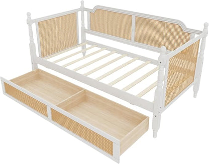 Merax Twin Size Rattan Bed Frame with 2 Storage Drawers, Wood Bedframe Daybed for Bedroom, Guest Room, Limited Spac, No Box Spring Needed, Antique White