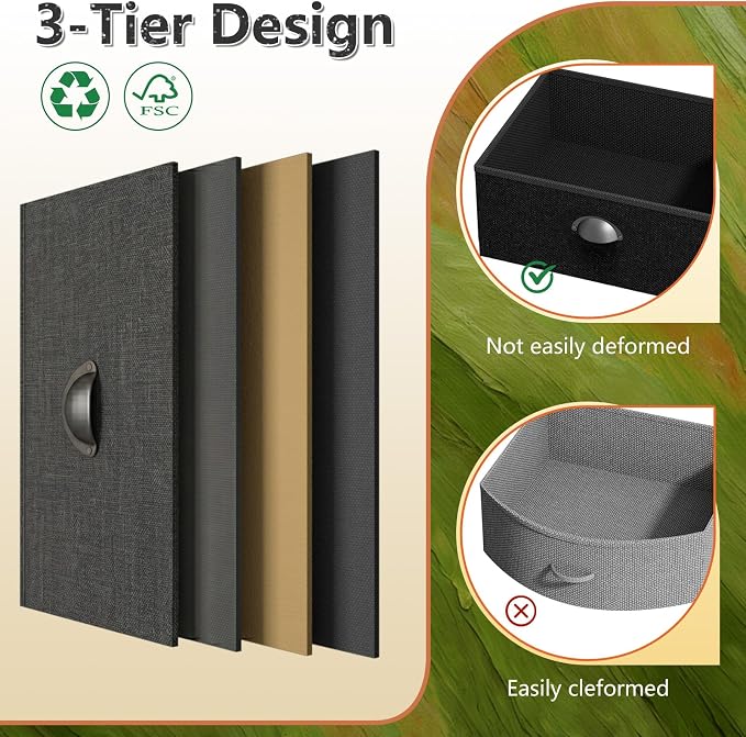 Night Stand Set 2, Nightstand with 3 Fabric Drawers and 2-Tier Shelf, Small Dresser Organizer, Bedside Table with Storage, End Table for Bedroom, Steel Frame, Wood Top, Black