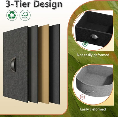 Night Stand Set 2, Nightstand with 3 Fabric Drawers and 2-Tier Shelf, Small Dresser Organizer, Bedside Table with Storage, End Table for Bedroom, Steel Frame, Wood Top, Black