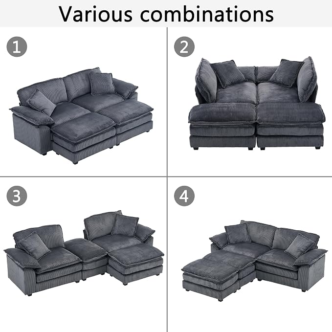 84.6” Corduroy Loveseat with Ottoman, Oversized Double Chaise Lounge Chair Indoor Deep Seat Two Seater Couch Cloud Couch Modular Sectional Sofa for Living Room(Corduroy Grey)