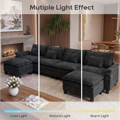 URRED Oversized Modular Sectional Sofa, 157" U Shaped Modern Comfy Cloud Couch with Movable Ottoman & Pillows, Deep Seat Couches for Living Room, Bedroom or Apartment (Chenille Black, 157" U Shaped)