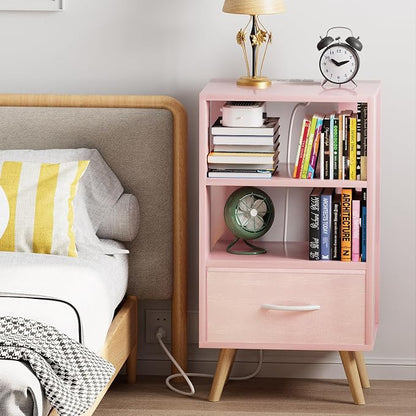 Aenuert Night Stand with Charging Station, Pink Nightstand with Drawer, 3-Tier Wooden Bedside Table with USB Ports and Outlets, End Table for Small Space, Living Room, Bedroom