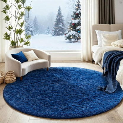 Ophanie Round Rug 5Ft Blue Circle Area Rug, Boys Room Decor, Fluffy Fuzzy Bedroom Carpet, Plush Soft Shaggy Living Room Rugs for Kids Home Aesthetic, Nursery with Over 99 pcs Pile fibers