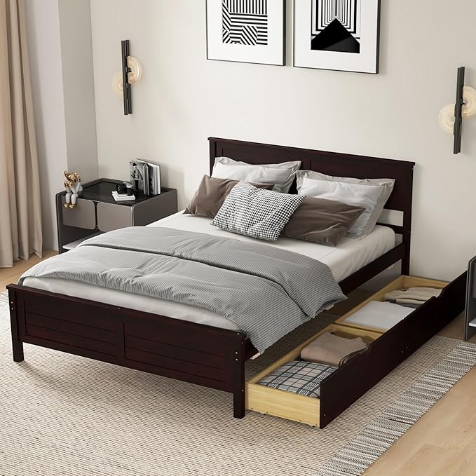 KOMFOTT Full Size Wood Bed Frame with 2 Storage Drawers, Mid Century Platform Bed Frame with Headboard, Sturdy Wooden Slats Support, Modern Mattress Foundation, No Box Spring Required, Easy Assembly