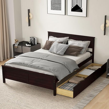 KOMFOTT Full Size Wood Bed Frame with 2 Storage Drawers, Mid Century Platform Bed Frame with Headboard, Sturdy Wooden Slats Support, Modern Mattress Foundation, No Box Spring Required, Easy Assembly