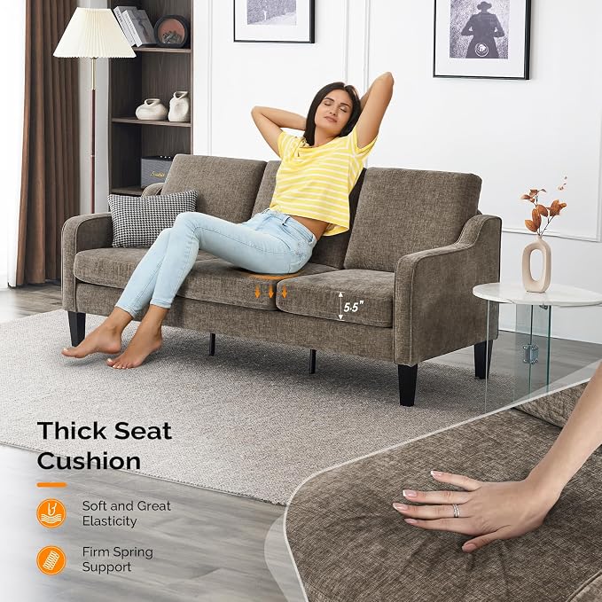 VINGLI Couches for Living Room, Brown 71" Small Sofa Mid Century Modern Couches 3 Seater Comfy Couch Upholstered Soft Chenille Floor Couch for Bedroom, Apartment, Office