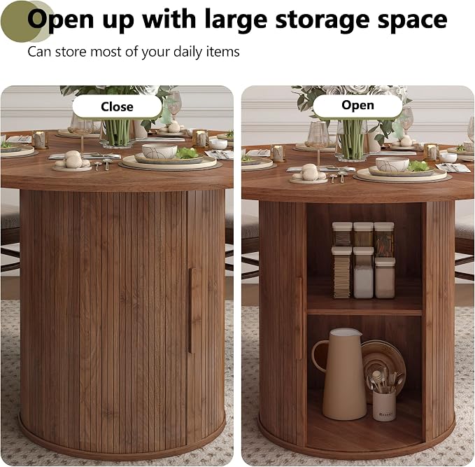 weselon 47 inch Round Dining Table for 4, Kitchen Table Dinner Table with 2-Layer Storage Shelf and Wood Slide Door for Home Dining Room Living Room (Walnut)