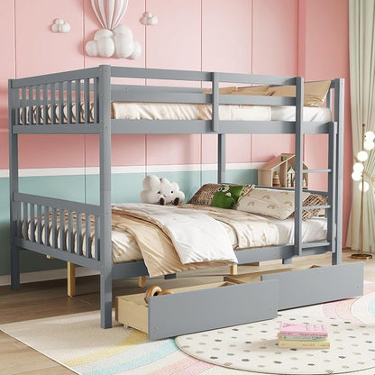 Harper & Bright Designs Full Over Full Bunk Bed with 2 Drawers, Convertible into 2 Beds, Bunk Bed with Ladder and Safety Guardrails, Gray