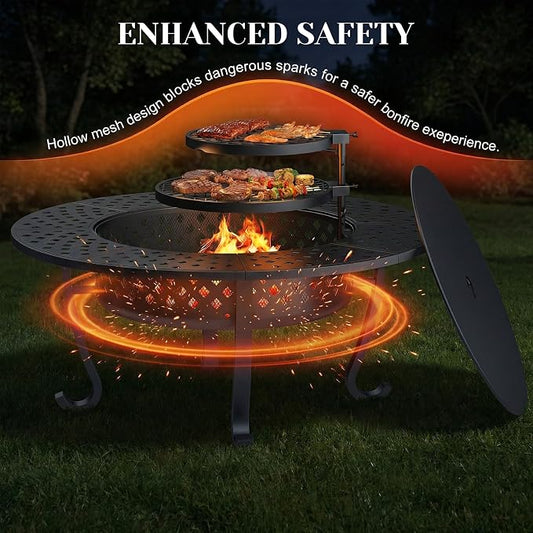 Outdoor Fire Pit, 43" Fire Pit for Outside Wood Burning with Adjustable 2 Grills, Firepit with Lid and Fire Poker, BBQ, Bonfire, Round Outdoor Fireplace 3 in 1 for Patio, Backyard, Garden, Camping