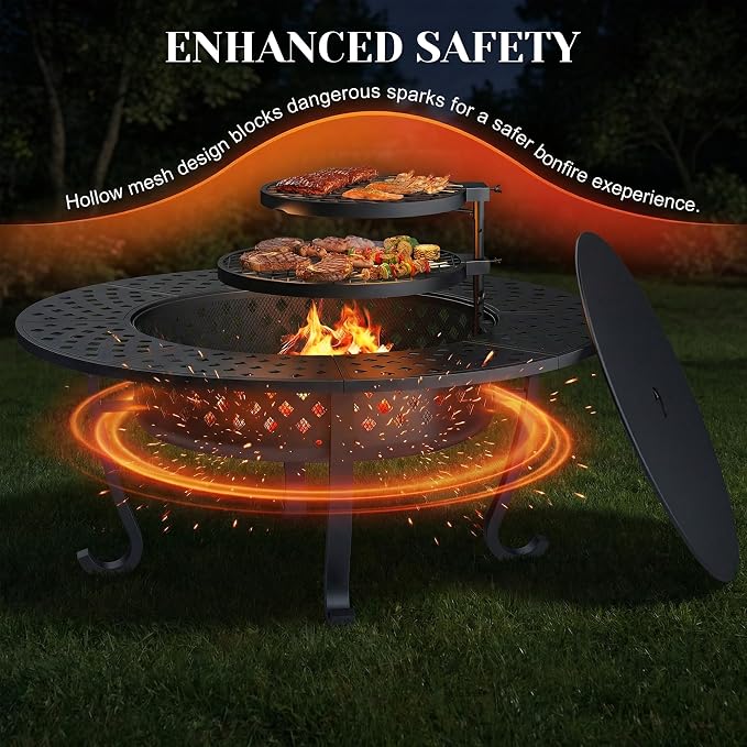Outdoor Fire Pit, 43" Fire Pit for Outside Wood Burning with Adjustable 2 Grills, Firepit with Lid and Fire Poker, BBQ, Bonfire, Round Outdoor Fireplace 3 in 1 for Patio, Backyard, Garden, Camping