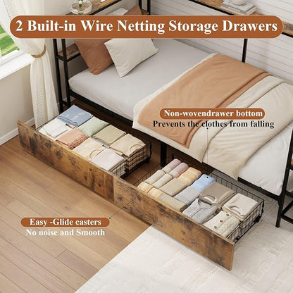 Bellemave Twin Corner Bed Frame with Desk and Storage, Twin Size Corner beds with Charging Station and LED Light, Wood Daybeds with L-Shaped Bookcase and Drawers, Black+Brown