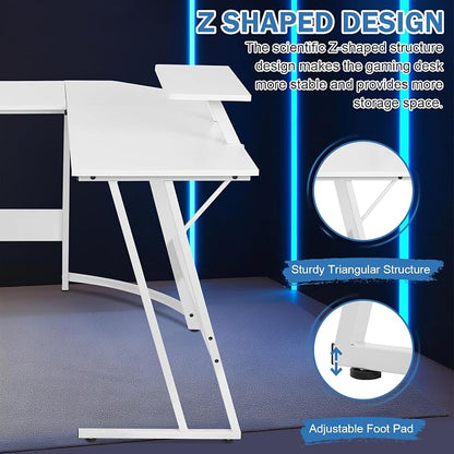51 Inch L Shaped Gaming Desk Corner Computer Desk with Detachable Monitor Stand for Home Office Learning Gaming Workstation,White