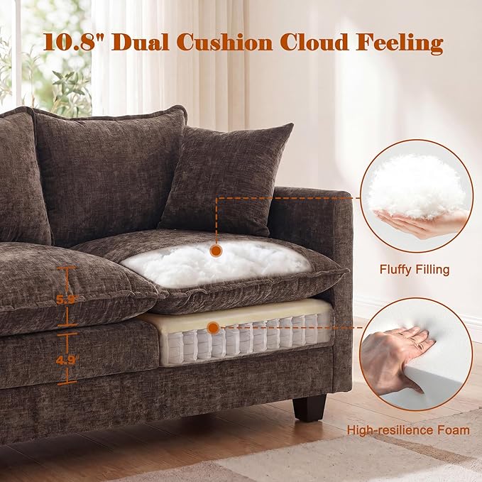 50'' Loveseat Sofa Cloud Sofa Couch, Modern Loveseats 2 Seat Couch 27" Deep Seat with 2 Pillows for Small Spaces Apartment Studio Office Bedroom Living Room, Brown