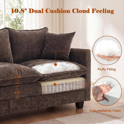 50'' L-Shape Loveseat Sofa with 22" Ottoman, 2 Seat Modern Cloud Couch with 2 Washable Pillows for Small Space Apartment Office Living Room Bedroom, Brown