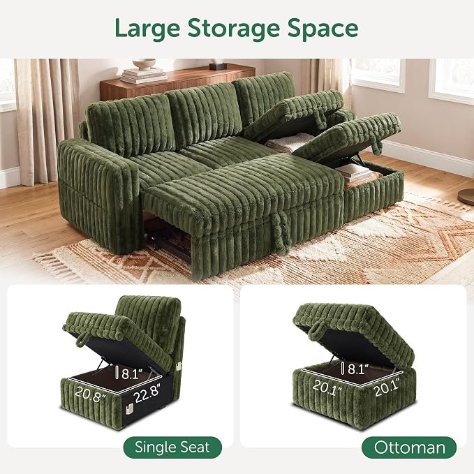 HONBAY Plush Corduroy Modular Sectional Sofa with Pull Out Bed L Shaped Sleeper Sofa with Storage Sectional Couches for Living Room,Plush Green