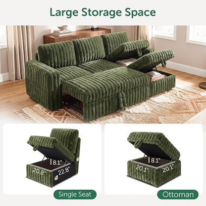 HONBAY Plush Corduroy Modular Sectional Sofa with Pull Out Bed L Shaped Sleeper Sofa with Storage Sectional Couches for Living Room,Plush Green