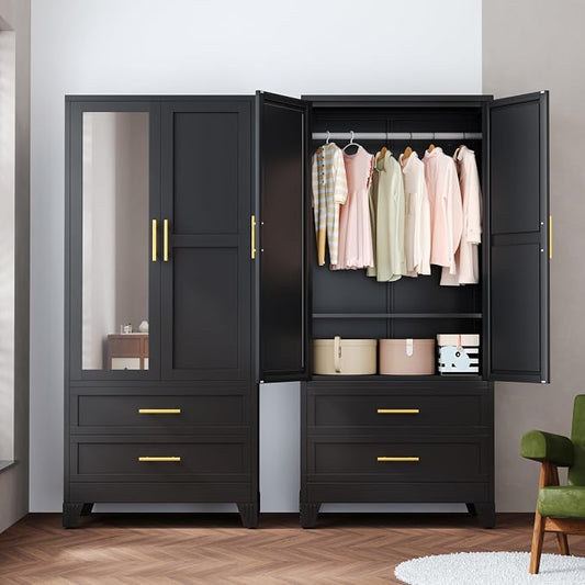 Ckzbx 71" H Metal Armoire Wardrobe Closet with Mirror, Adjustable Shelve, Clothes Drying Pole, Steel Wardrobe Cabinet for Bedroom (Black 2 Drawers)