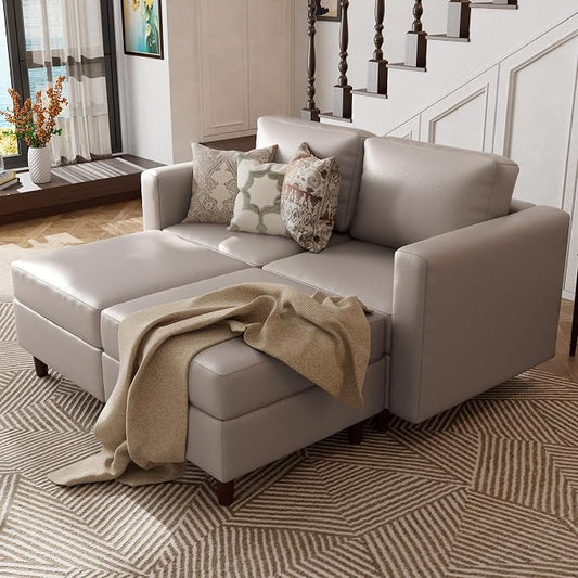 ABCASA Faux Leather Loveseat Sofa Sleeper Bed with Storage Seat, 64.6" Modular Sectional Couch Deep Seat with Reversible Chaise 2-Seat Whitesand