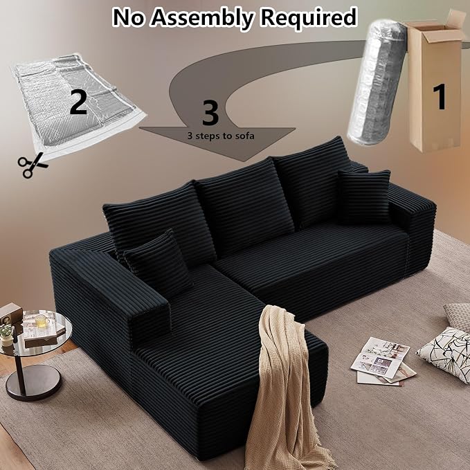 107" Cloud Sectional Couch with L-Shape Chaise, Modern Modular Comfy Sofa with Deep Seat, Upholstered Corduroy Couches Sleeper Chaise Longue for Living Room Bedroom, No Assembly Required, Black