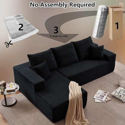 107" Cloud Sectional Couch with L-Shape Chaise, Modern Modular Comfy Sofa with Deep Seat, Upholstered Corduroy Couches Sleeper Chaise Longue for Living Room Bedroom, No Assembly Required, Black