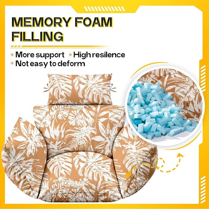 MAGIC ELEPHANT Egg Chair Cushion, Memory Foam Indoor Outdoor Hanging Egg Chair Cushion Replacement, Patio Basket Swing Cushion with Headrest (Rust Orange Monstera)
