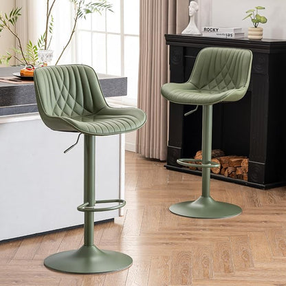 YOUTASTE Bar Stools Set of 2, Adjustable Swivel Counter Height Barstools with Back, All Olive Green Faux Leather Upholstered Bar Chairs with Metal Base, Stools for Kitchen Island or Home Bar