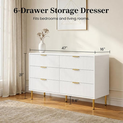 White and Gold Bedroom Furniture Set, 3 Piece Fluted Dresser and Nightstand Set with Gold Handles, 47" Dresser and Two 24" Bedside Tables