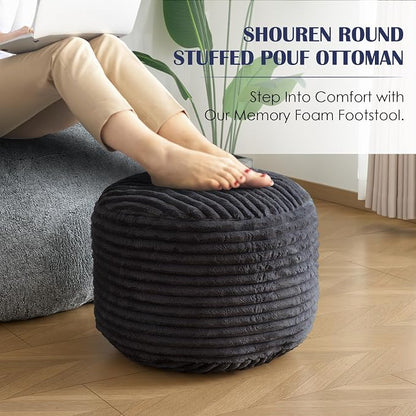 SHOUREN Stuffed Round Ottoman,Corduroy Pouf Ottoman Foot Rest with Foam Filling,Pouf Storage Ottoman Footstool for Living Room,18 X 14 Floor Poufs for Couch,Footrest Only - 18 X 14 Inches,Dark Grey