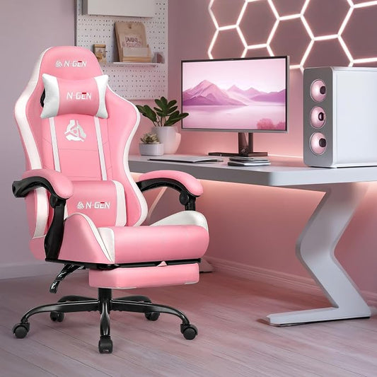 N-GEN GAMING Video Gaming Chair with Footrest Lumbar Support for Home Office High Back Recliner Height Adjustable Ergonomic Comfy Leather Computer Desk Chair (Pink)