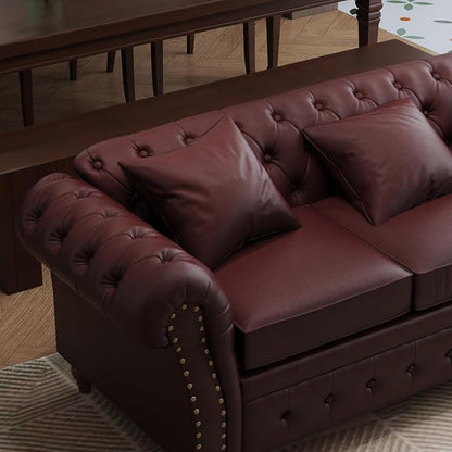 85.8" Tufted Leather Chesterfield Sofa with Storage, PU Chesterfield Couch with 3 Seats, Modern Chesterfield Sofa with Rolled Arm, Button Tufted Sofa for Living Room, Burgundy