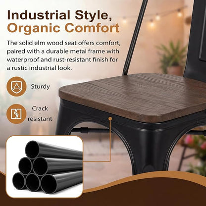 JUMMICO Metal Dining Chair Stackable Industrial Vintage Kitchen Chairs Indoor-Outdoor Bistro Cafe Side Chairs with Back and Wooden Seat Set of 4 (Black)