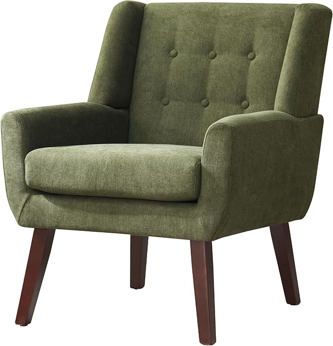 HUIMO Accent Chair, Upholstered Button Tufted Armchair, Linen Fabric Sofa Chairs for Bedroom, Living Room, Mid-Century Modern Comfy Reading Chair (4 PCS, Green)