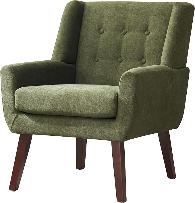 HUIMO Accent Chairs for Living Room,Button-Tufted Upholstered Armchair with Wooden Legs,Comfy Mid Century Modern Chair for Bedroom Apartment Waiting Room Green