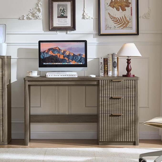 LEYAOYAO Office Desk 48" with 3 Drawers Storage File Cabinet Wood Fluted Desk for Computer Office Bedroom Home Furniture Grey
