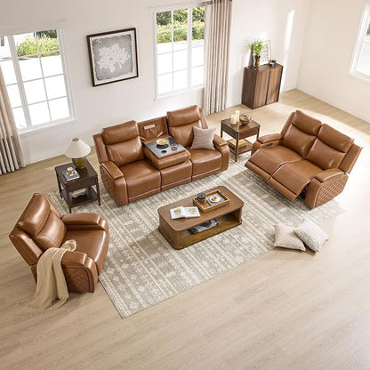 Watson & Whitely Genuine Leather Power Recliner Sofa and Loveseat Set, Zero Gravity Reclining Couch with Storage Console, Power Headrest & Wireless Charging, Cup Holders for Living Room, Saddle Brown