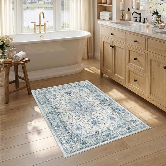 RELEANY Area Rugs Small 2'6"x4' Washable Non-Slip, Floral Vintage Distress Medallion Carpet for Kitchen Entryway Bathroom, Light Blue Navy Gray White