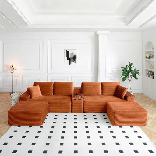 ivoros 150 Inch Modular Sectional Sofa Couch, Oversized Modern Cloud Couch for Living Room, U Shape Couches with 2 Ottomans, USB Ports and Cup Holders, Orange Corduroy Boneless Sofas, Sofa in a Box