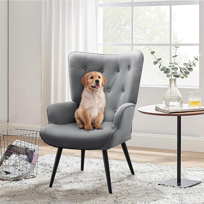 Furnimart Grey Velvet Accent Chair Mid Century Modern Living Room Chairs; Comfy Armchair Leisure Vanity Guest Wingback Chair for Office Study Vanity Bedroom Waiting Room