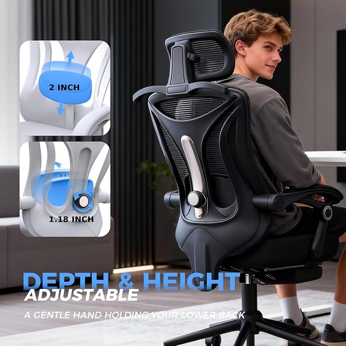 CYKOV Ergonomic Office Chair with Footrest - Adjustable Lumbar Support & Headrest, 90-135° Reclining Mesh Back Computer Chair - Home Office/Gaming, 350lbs Capacity