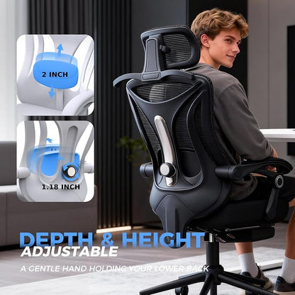 CYKOV Ergonomic Office Chair with Footrest - Adjustable Lumbar Support & Headrest, 90-135° Reclining Mesh Back Computer Chair - Home Office/Gaming, 350lbs Capacity