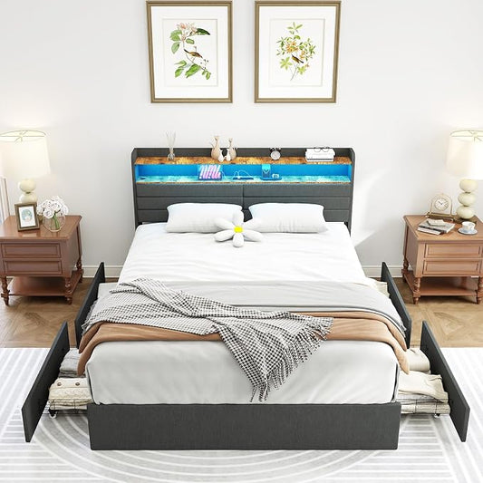 Kiivakii Queen Size Bed Frame with 4 Drawers, Heavy Duty Metal Queen Bed Frame with LED Lights, Charging Station, Upholstered Headboard, 800LBS Weight Capacity, Noise Free, Gray