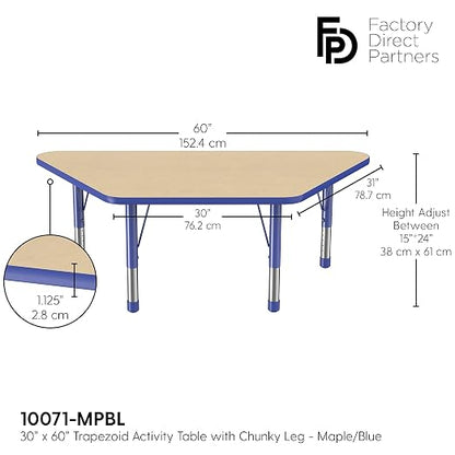 FDP Trapezoid Activity School and Classroom Kids Table (30 x 60 inch), Chunky Toddler Legs for Collaborative Seating Environments, Adjustable Height 15-24 inches - Maple Top and Blue Edge