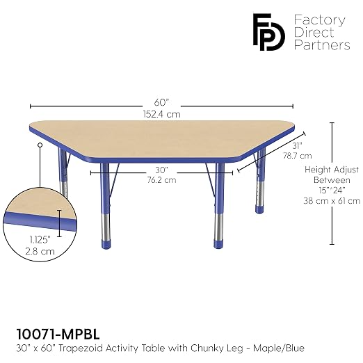 FDP Trapezoid Activity School and Classroom Kids Table (30 x 60 inch), Chunky Toddler Legs for Collaborative Seating Environments, Adjustable Height 15-24 inches - Maple Top and Blue Edge