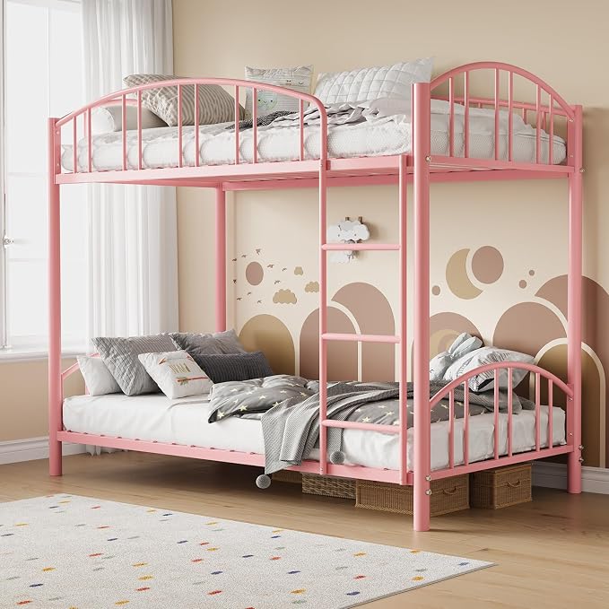 GarveeHome Metal Bunk Bed Twin Over Twin, Heavy Duty Bunkbeds Frame with Arched Guardrail and Safety Ladder, Sturdy Steel Bed for Kids Boys Girls, Space-Saving, No Box Spring Needed, Modern Pink