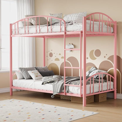 GarveeHome Metal Bunk Bed Twin Over Twin, Heavy Duty Bunkbeds Frame with Arched Guardrail and Safety Ladder, Sturdy Steel Bed for Kids Boys Girls, Space-Saving, No Box Spring Needed, Modern Pink