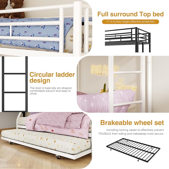 Nuturelly Metal Bunk Bed Twin Over Full with Trundle, Heavy Duty Steel Frame Bunk Bed Frame with Safety Guardrails & Ladder, Space Saving 3 Beds for Kids, Teens, Dorm, White